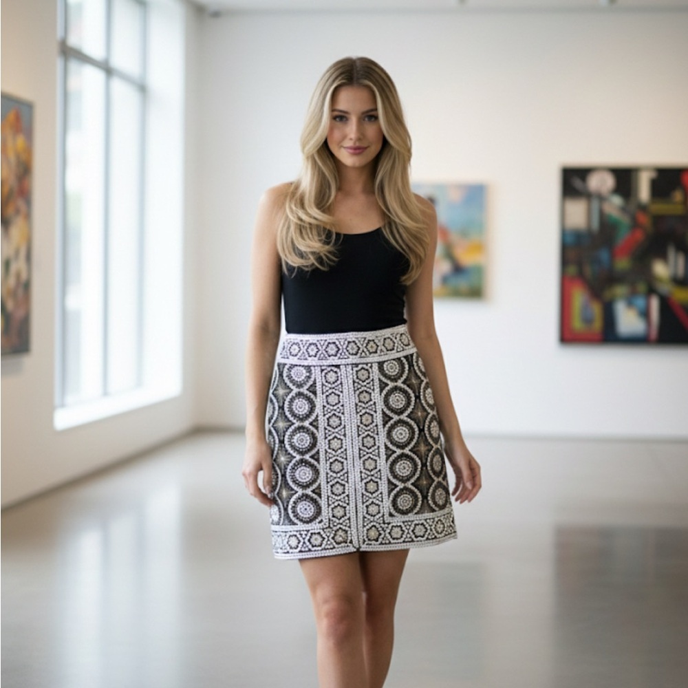 Tory Burch Black and White Geometric Mini Skirt‎